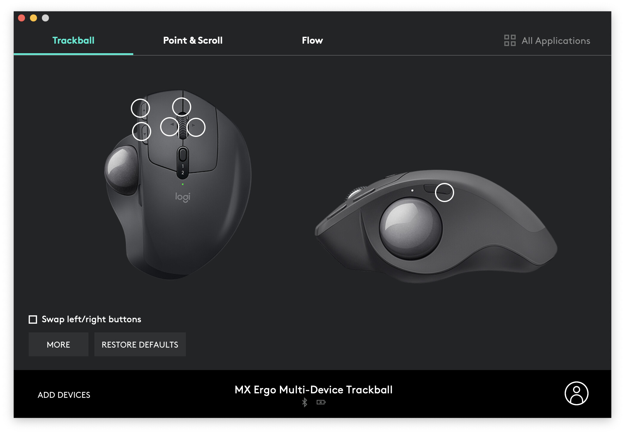 หน้าโปรแกรม Logi Options ส่วนของ Logitech MX Ergo