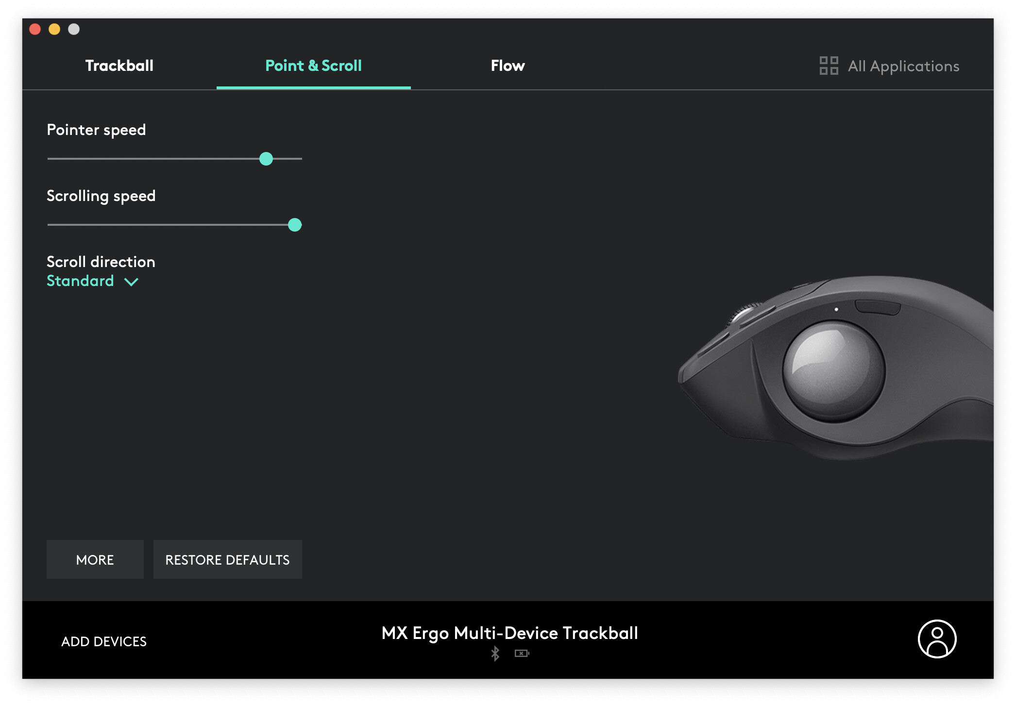 หน้าปรับแต่งส่วน Trackball ของ Logi Options สำหรับ Logitech MX Ergo